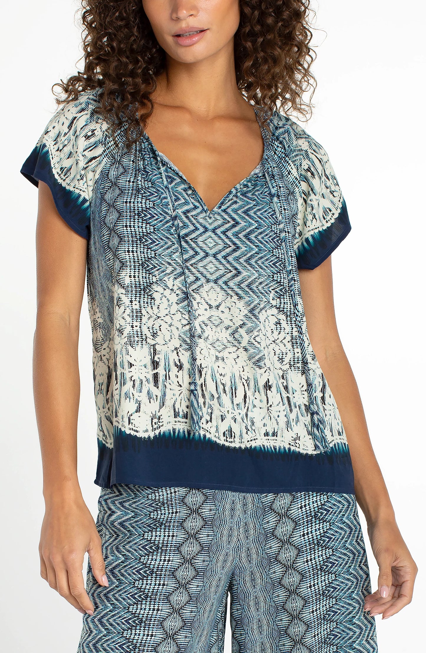 Liverpool - Woven Top With Front Tie (Nomad Ikat Print) - Gayle's Fashions