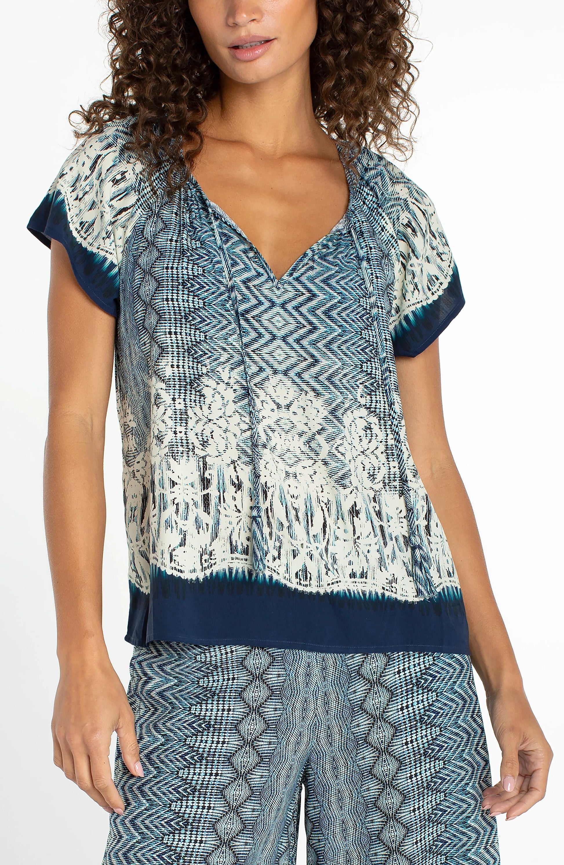 Liverpool - Woven Top With Front Tie (Nomad Ikat Print) - Gayle's Fashions