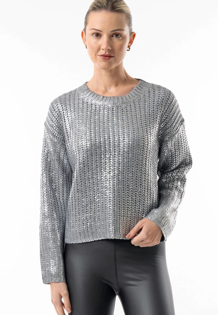 Angeleye - Metallic Silver Cable Knit Pullover