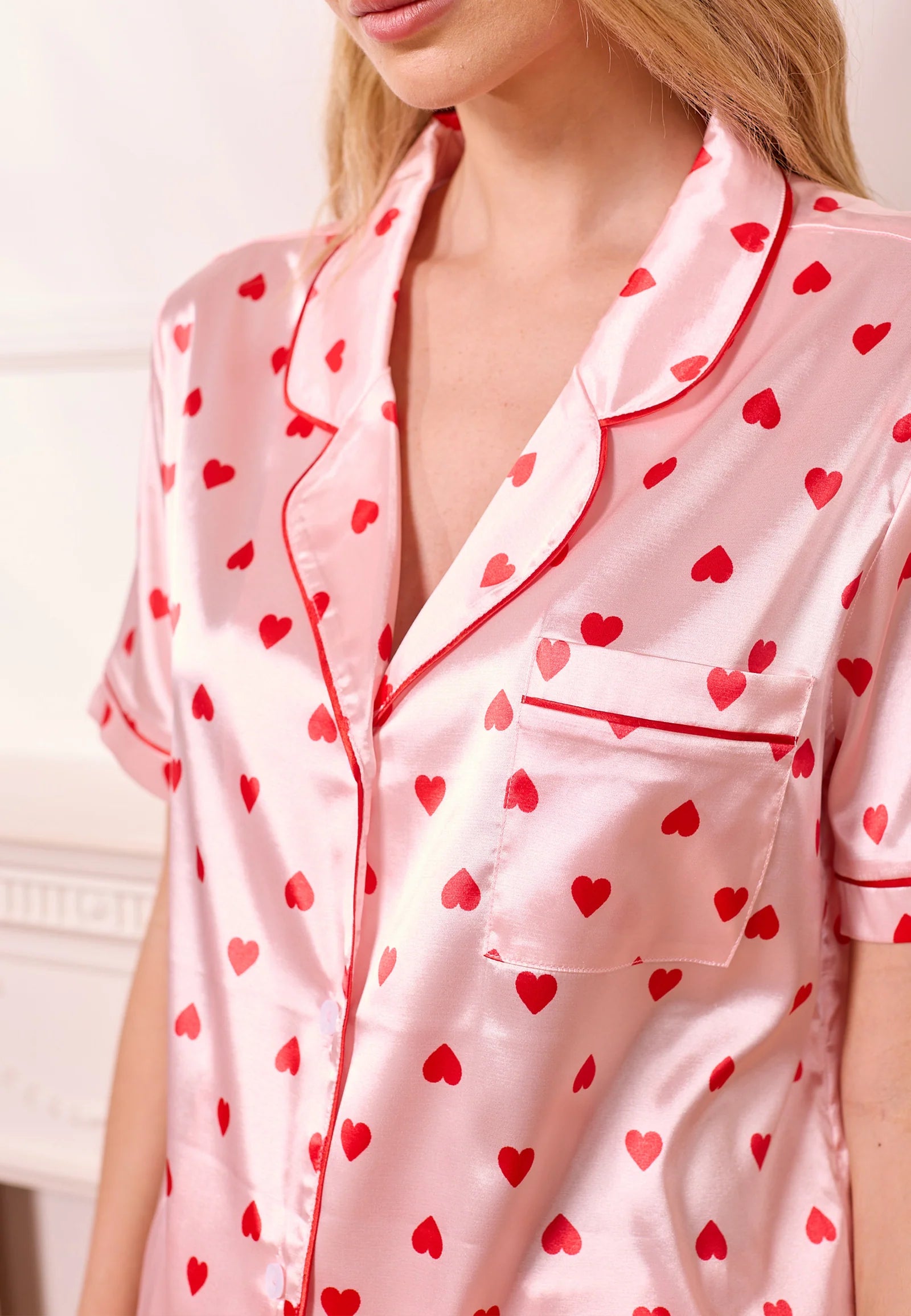 Angeleye – Heart Print Satin PJ Set - Gayle's Fashions