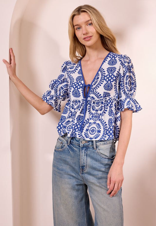 Angeleye - Melilla Flutter Waist Puff Sleeve Top (Blue & White) - Gayle's Fashions