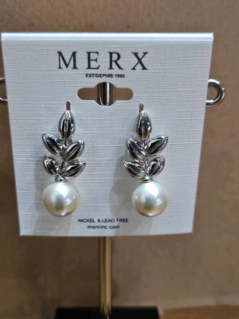 Leaf and Pearl Post Earrings. Leaf detail is silver, while the faux-pearl looks like a classic real one.