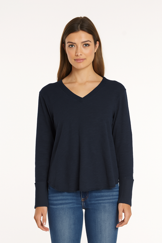 Mododoc - Long Sleeve Waffle Mix V-Neck Top