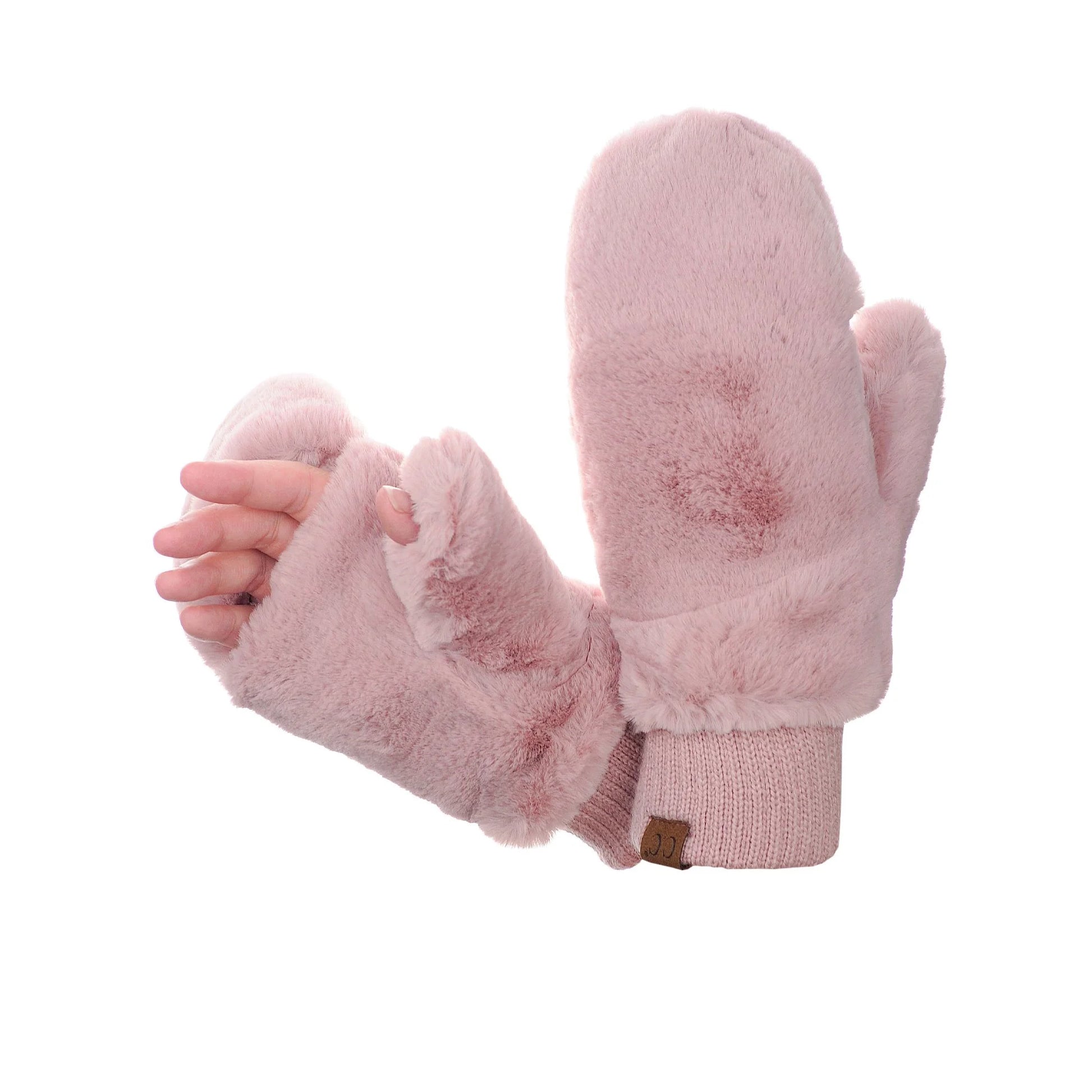 Close-up of the pink convertible mittens with the mitten flap open, revealing the fingerless glove design and soft fuzzy lining.