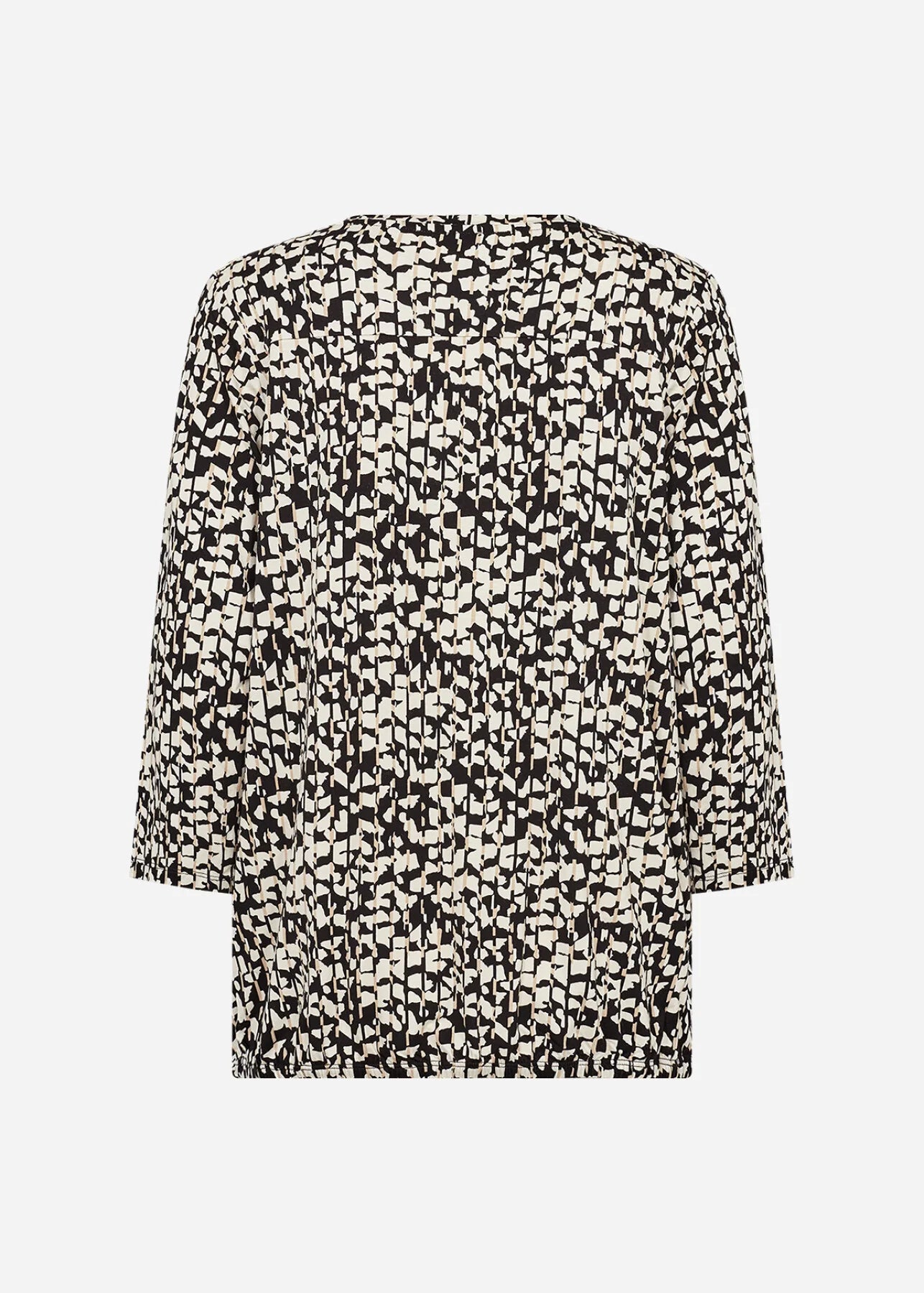 Flat lay image of the Soya Concept Marica AOP 316 3/4 Sleeve Top in Black Beige Print against a white background, showing the back design