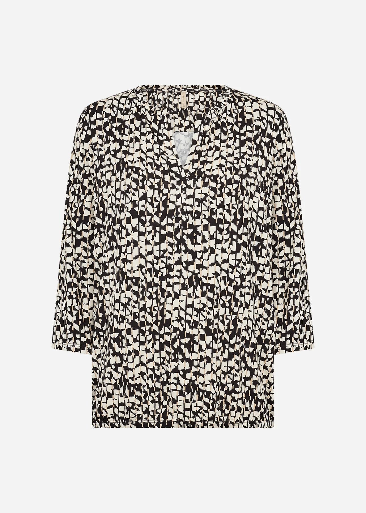 Flat lay image of the Soya Concept Marica AOP 316 3/4 Sleeve Top in Black Beige Print against a white background, showing the front design, V-neckline, and abstract print.