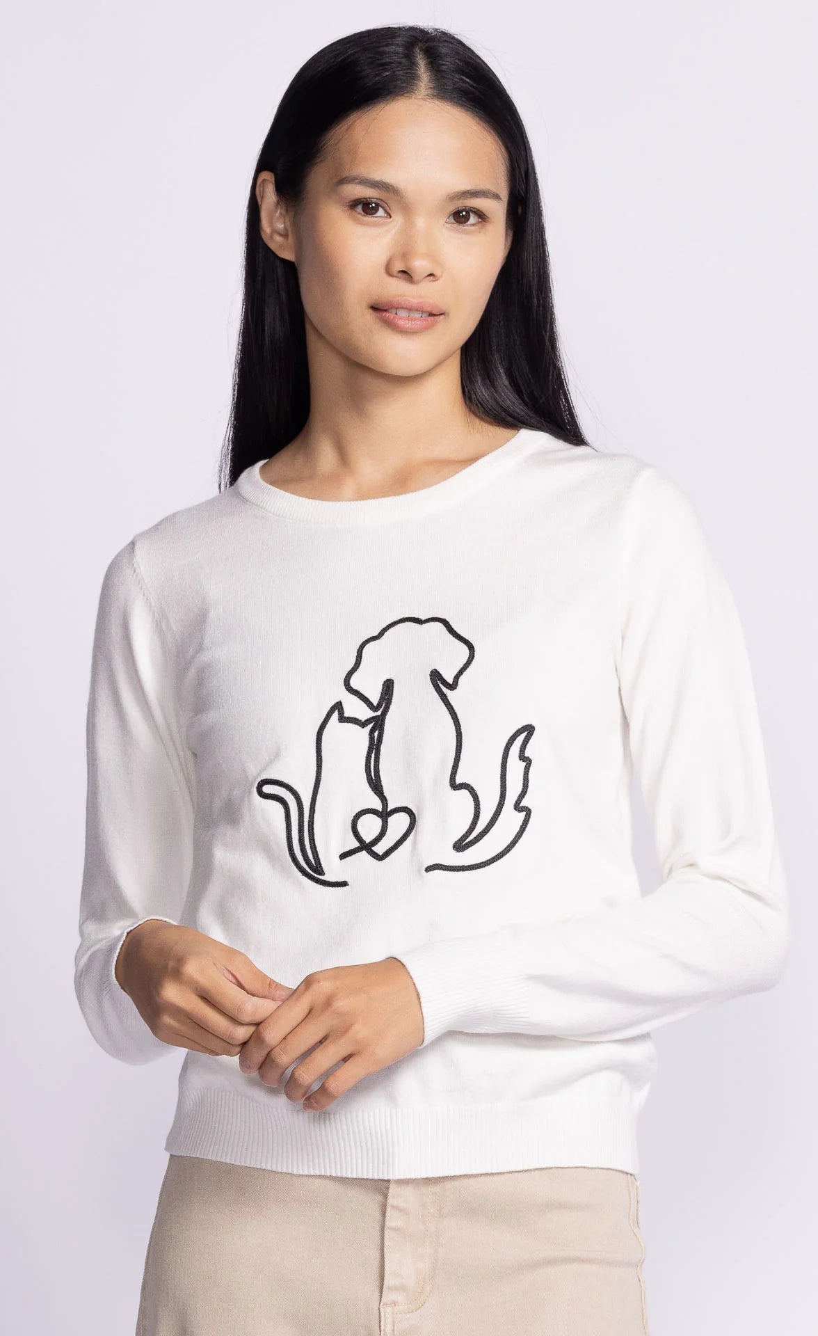 Front view of the Friends Forever Sweater by Pink Martini, showcasing embroidered puppy and kitten on soft knit fabric.