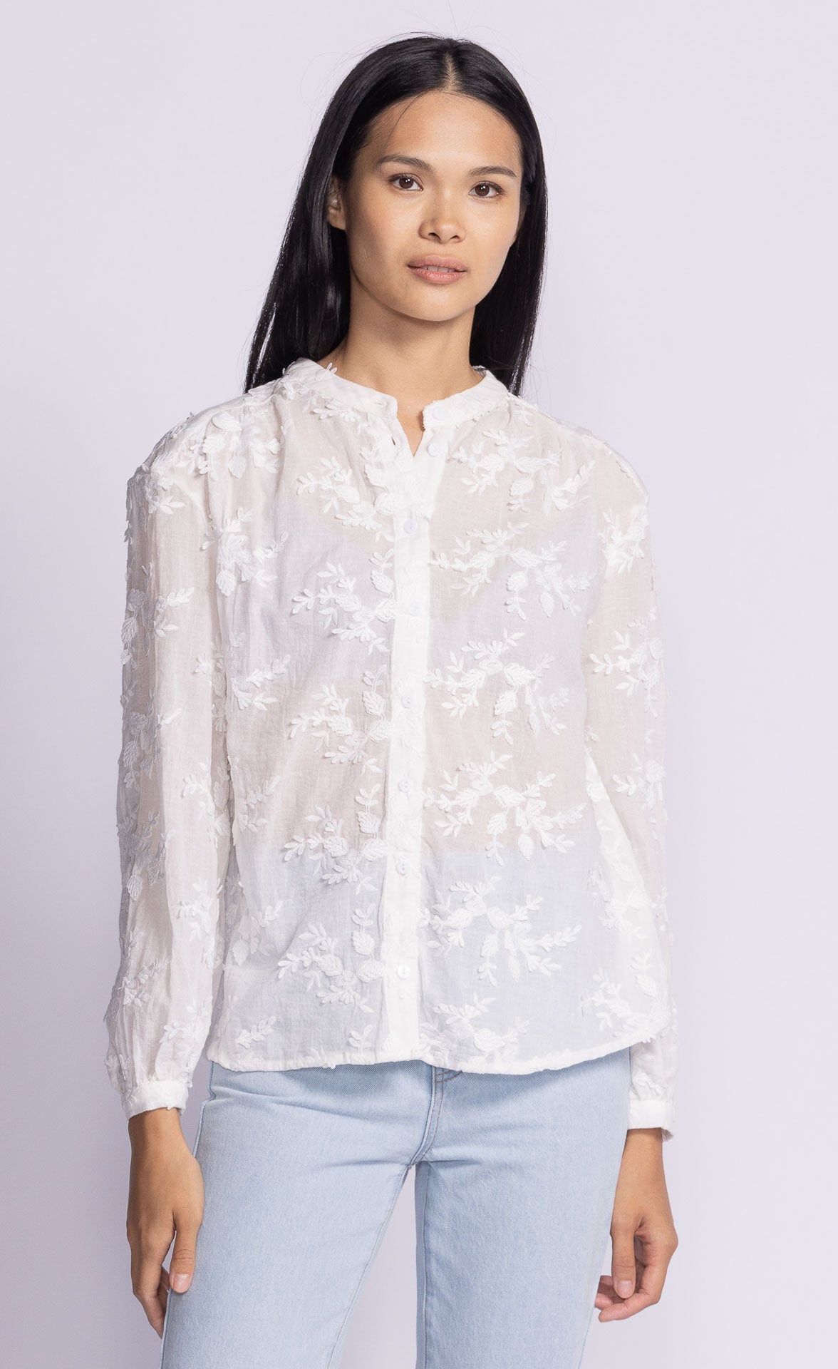 Full-length front view of the Soya Concept Olivia Top, a lightweight cotton blouse with elegant lace patterns and a relaxed fit.