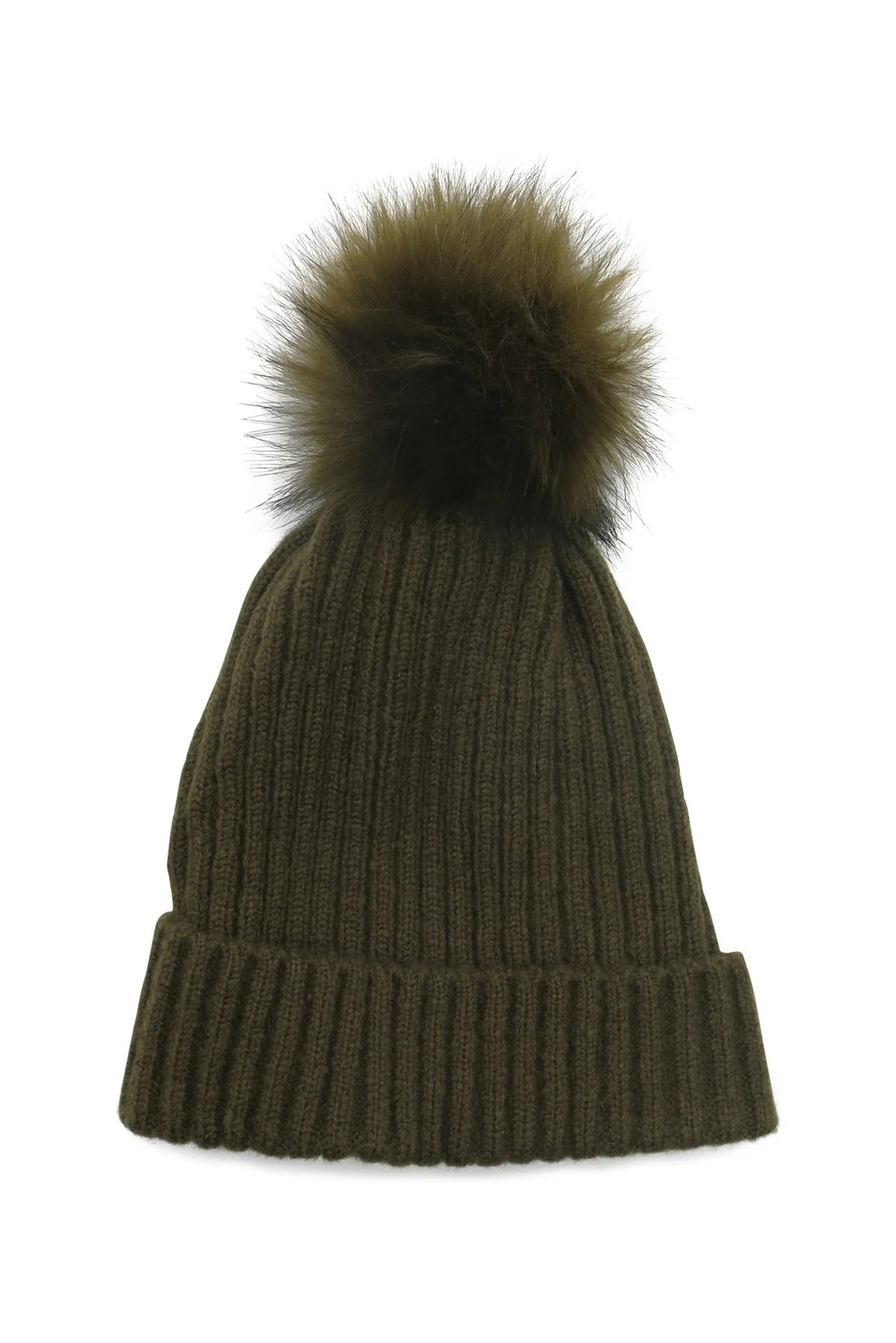 Single khaki green Morgan & Taylor Zara Beanie displayed upright with its ribbed knit texture and fluffy pom-pom visible.