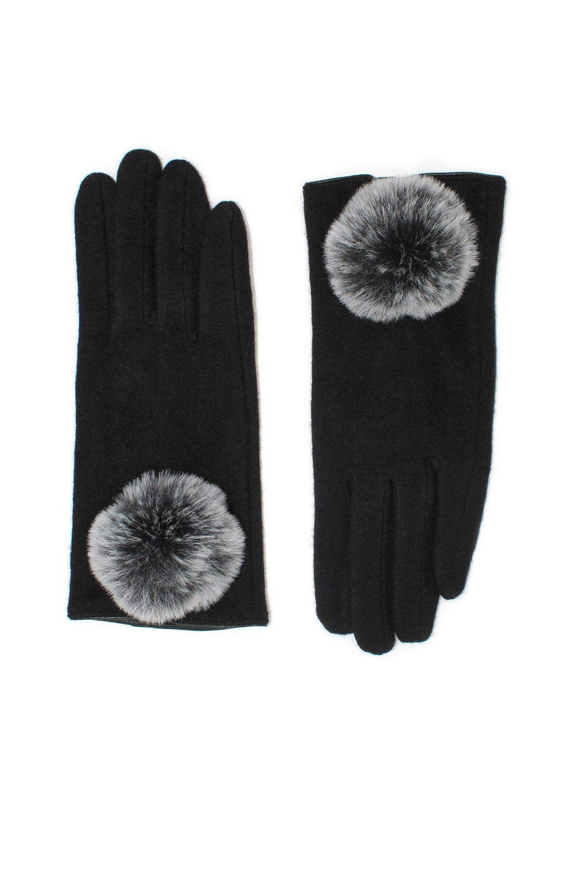 Morgan & Taylor Antonella Glove in black with a fluffy grey pom-pom, displayed with a white background.