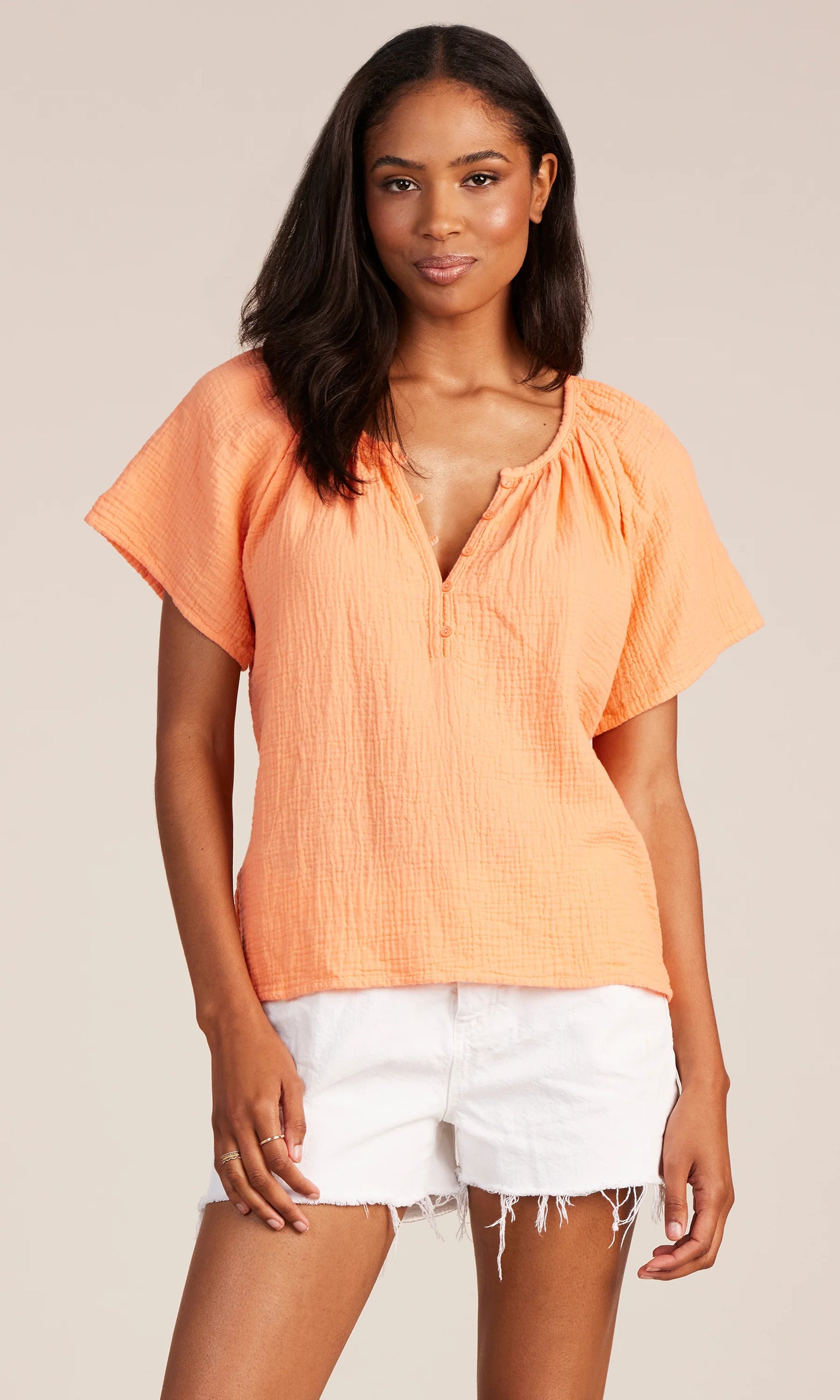 Bobi - Shirred Short Sleeve Henley Blouse