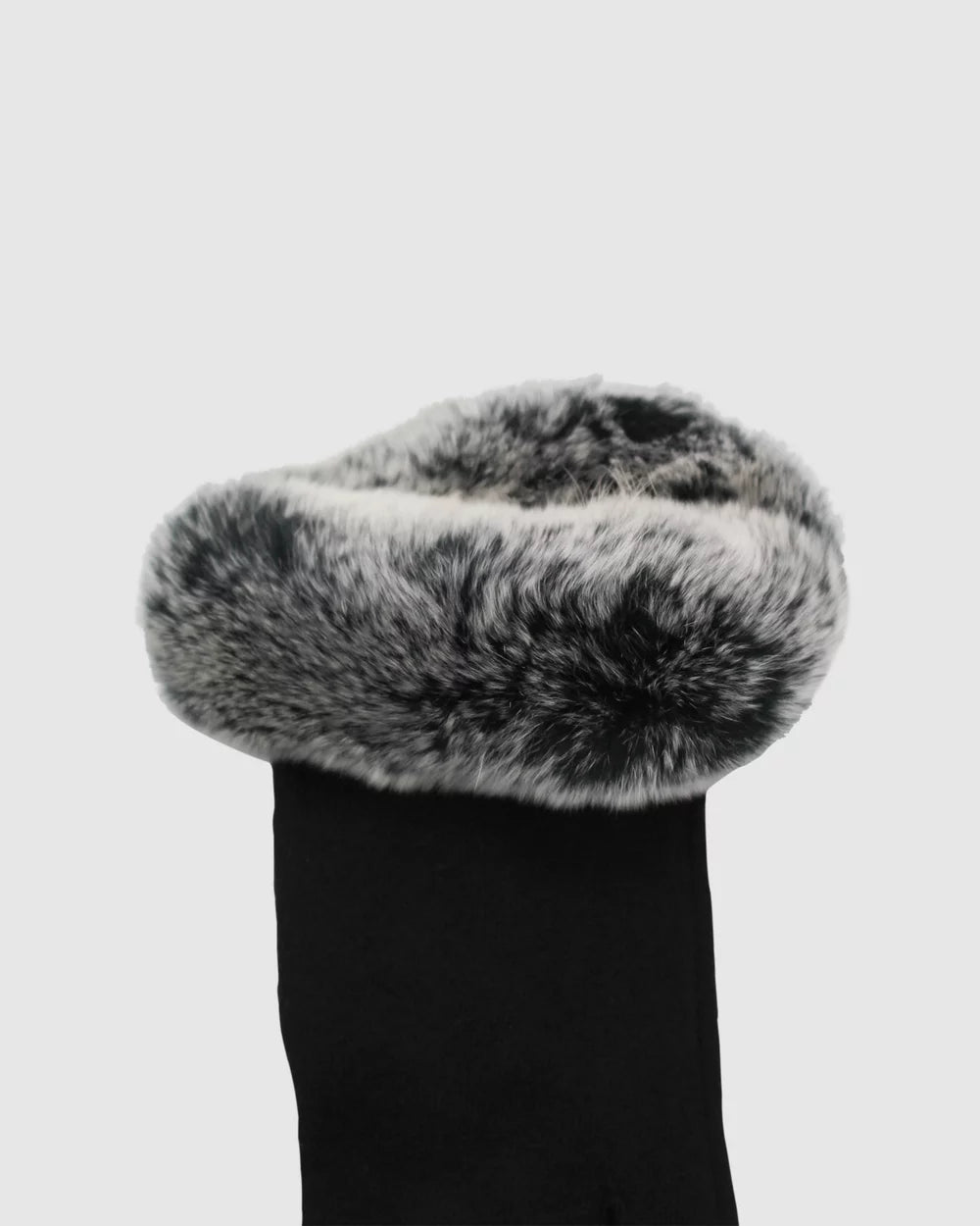 Single Morgan & Taylor Sally Glove in black with a soft grey faux fur cuff, shown flat on a white surface.