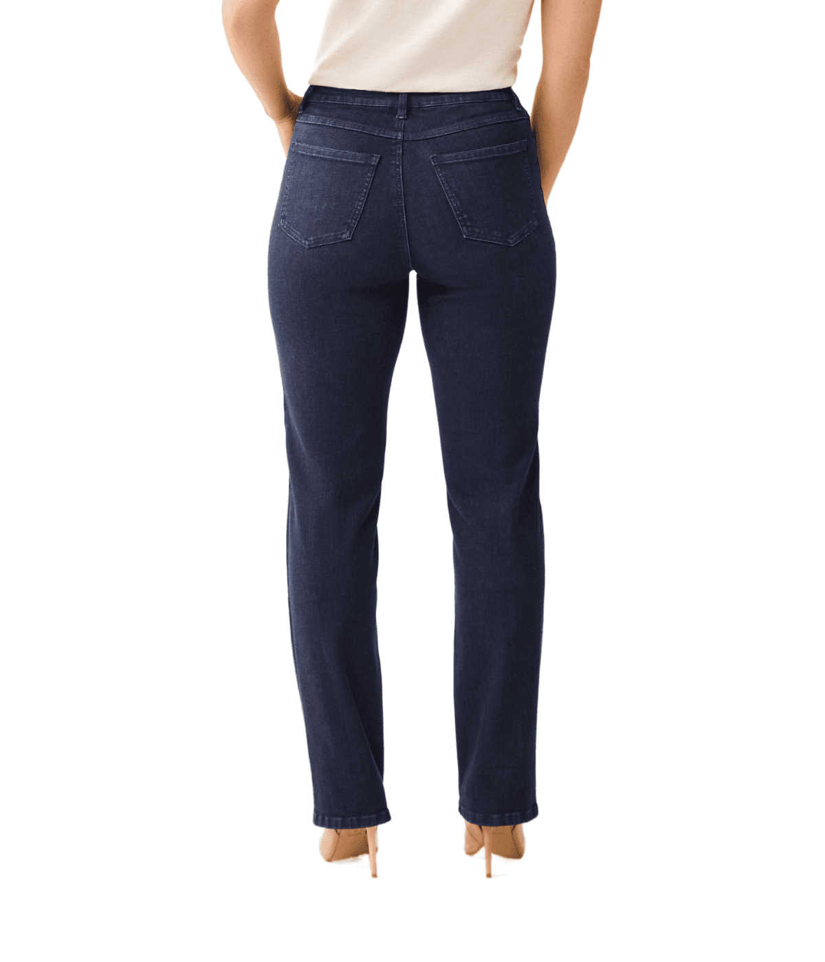 Model wearing FDJ Beyond Denim High Rise Jeans (2555862B) in dark rinse, back view. Shop Canadian boutique Gayle’s Fashions online.