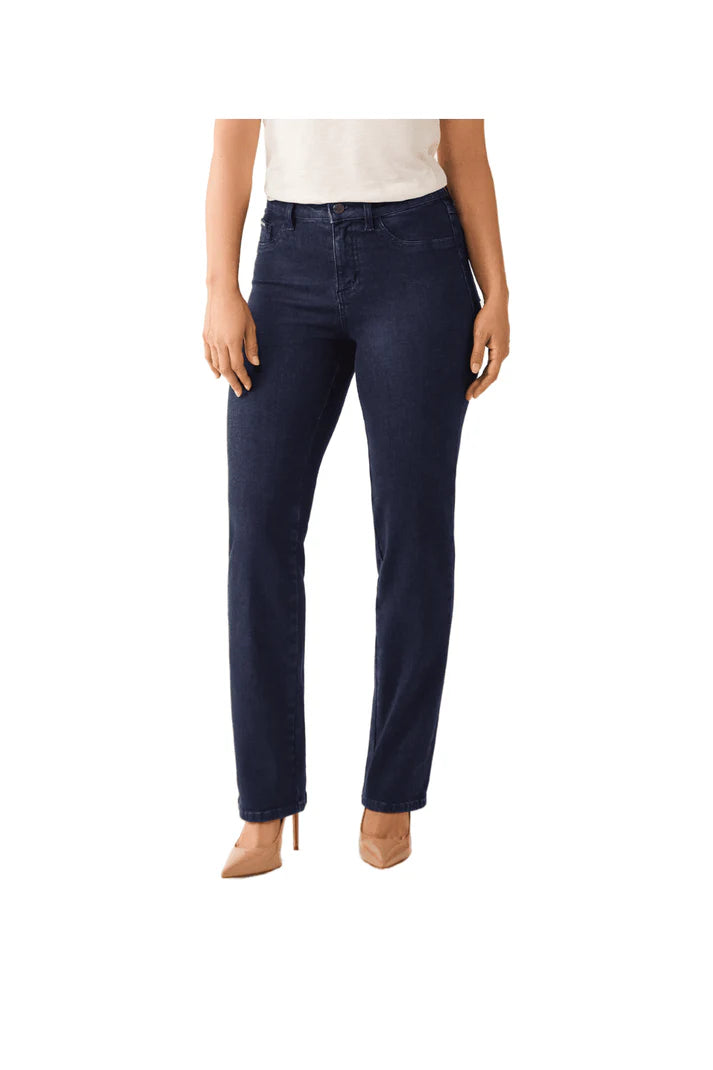 Model wearing FDJ Beyond Denim High Rise Jeans (2555862B) in dark rinse, full front view. Available at Gayle’s Fashions boutique in Canada.