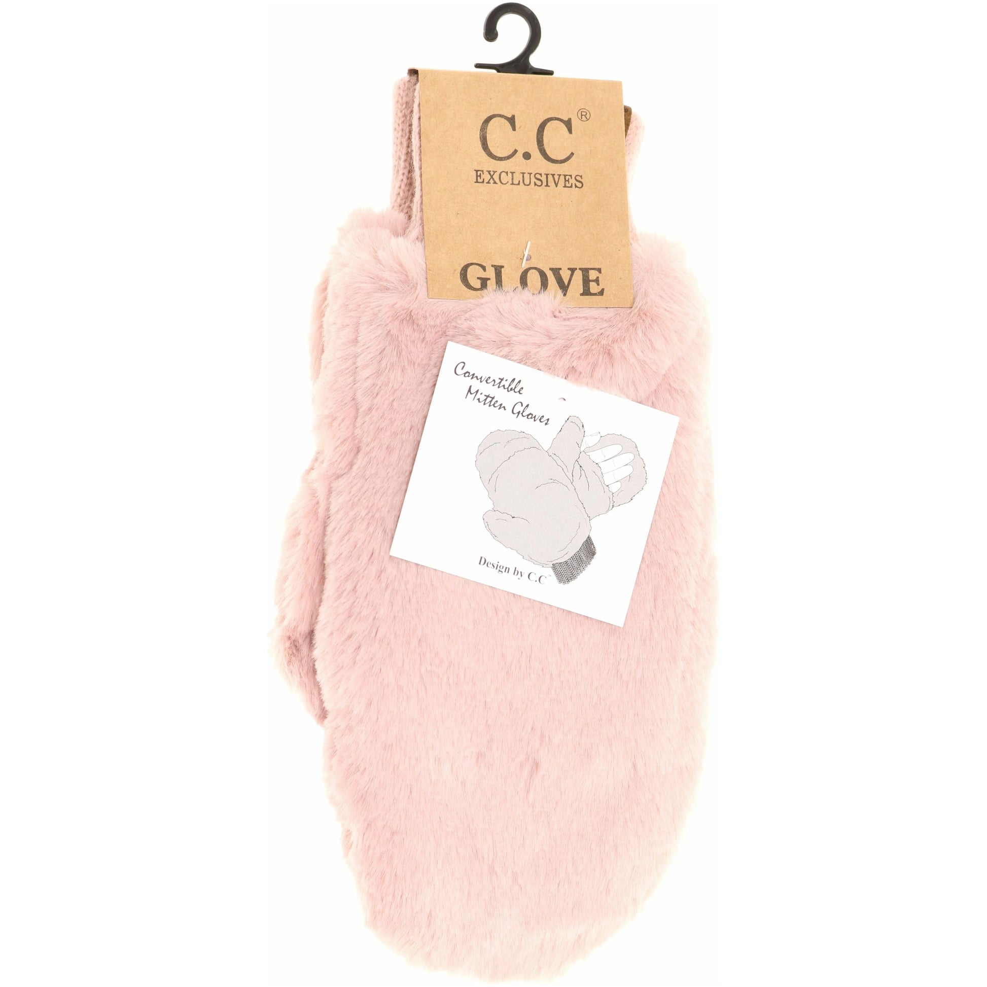 Pink fuzzy mittens displayed in packaging with the C.C Beanie logo tag visible, highlighting their cozy faux fur design.