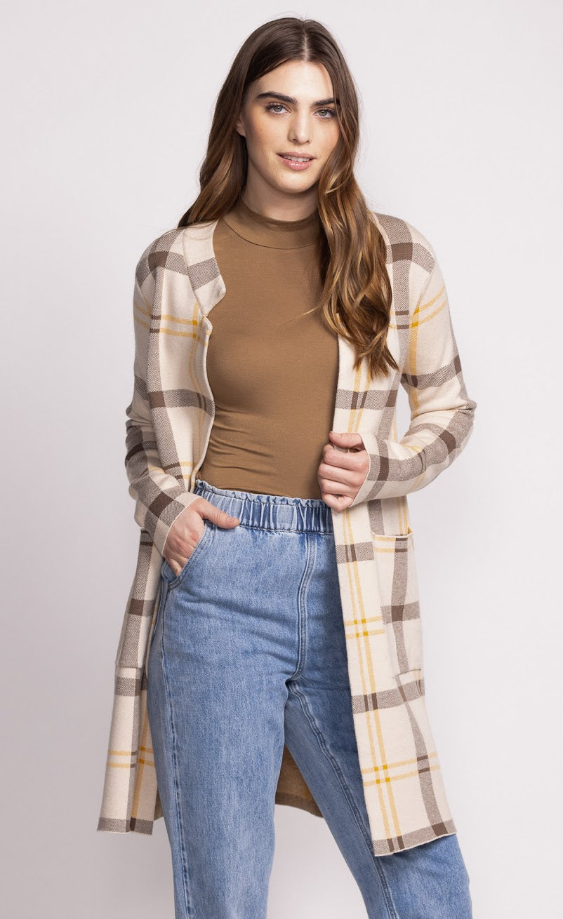 Pink Martini - Harmon Cardi in Yellow/Brown Plaid