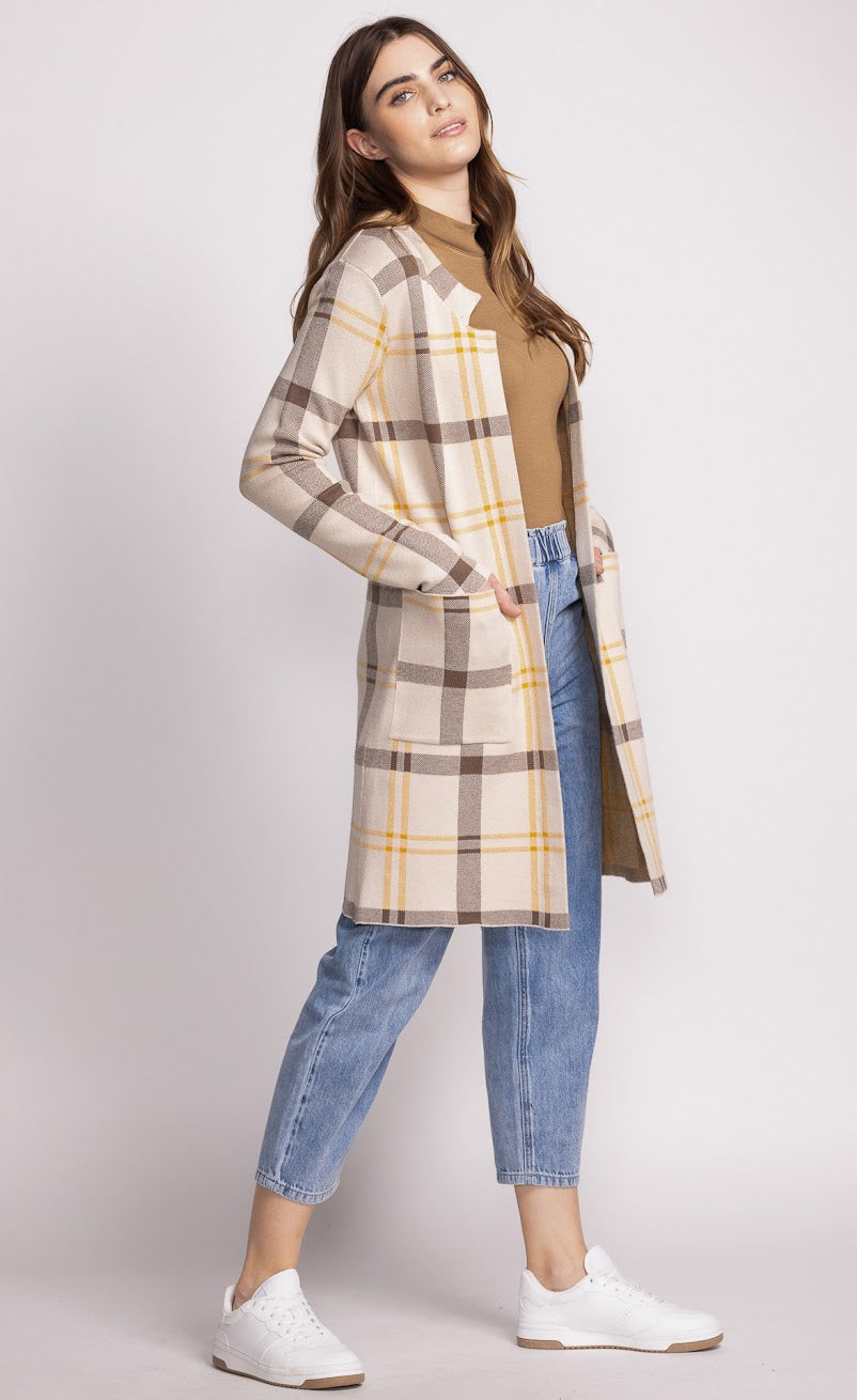 Pink Martini - Harmon Cardi in Yellow/Brown Plaid