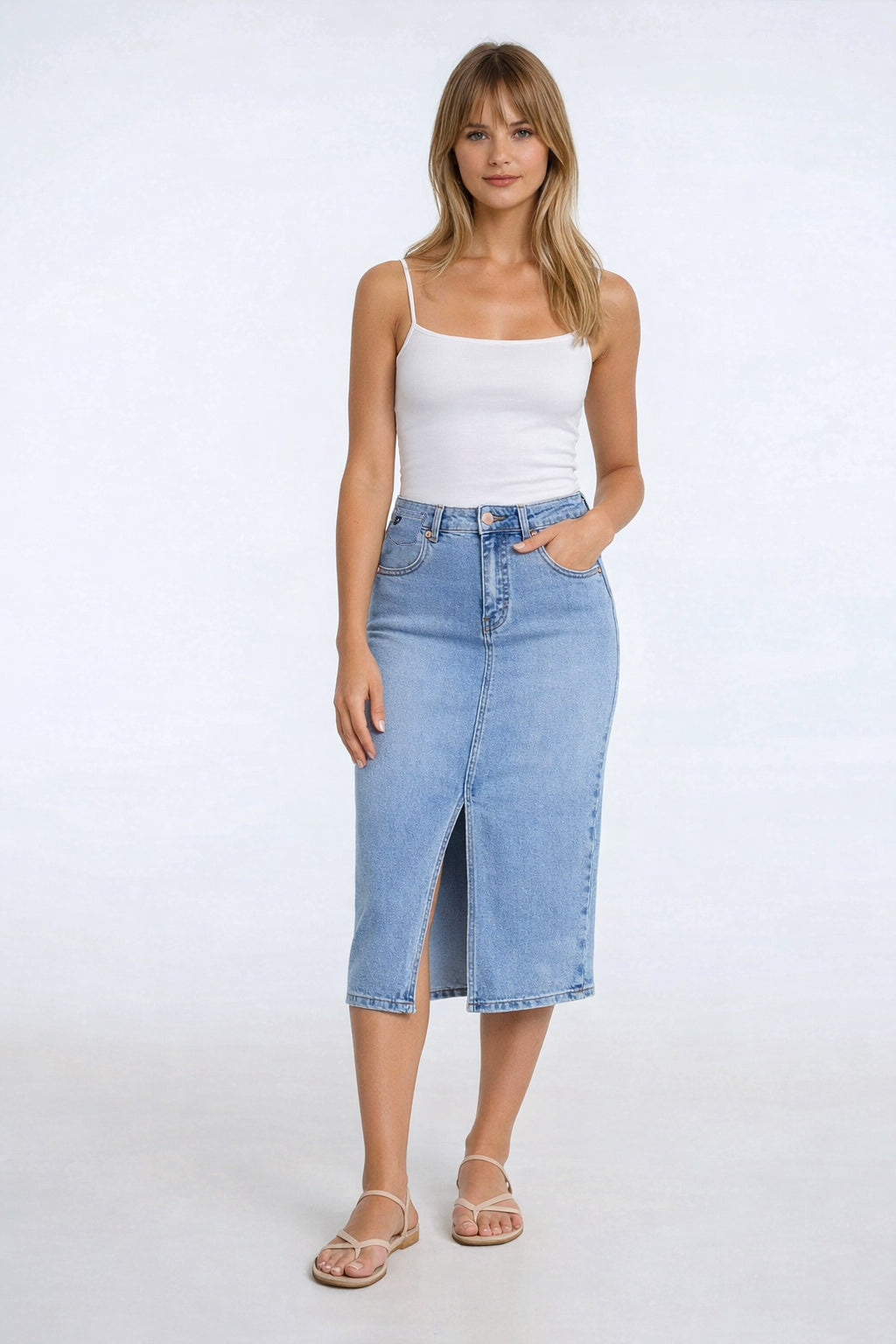 Lois – Leila Long Denim Skirt (Bleach Blue) - Gayle's Fashions