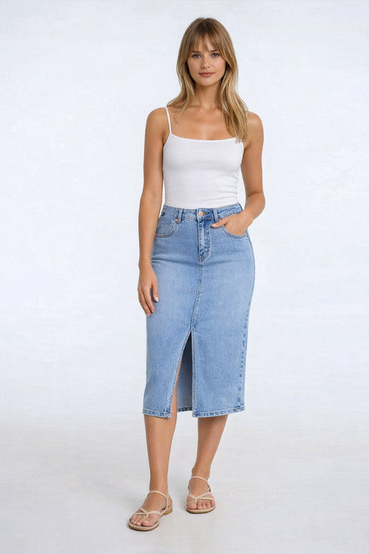 Lois – Leila Long Denim Skirt (Bleach Blue) - Gayle's Fashions