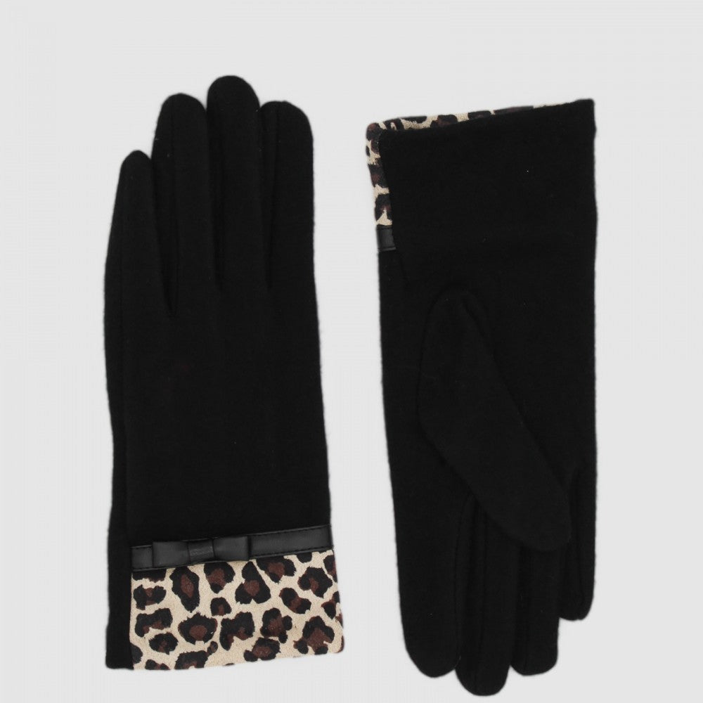 Pair of Morgan & Taylor Jacqueline Woollen Gloves in black, laid flat, showcasing the bold leopard print trim and bow accent.