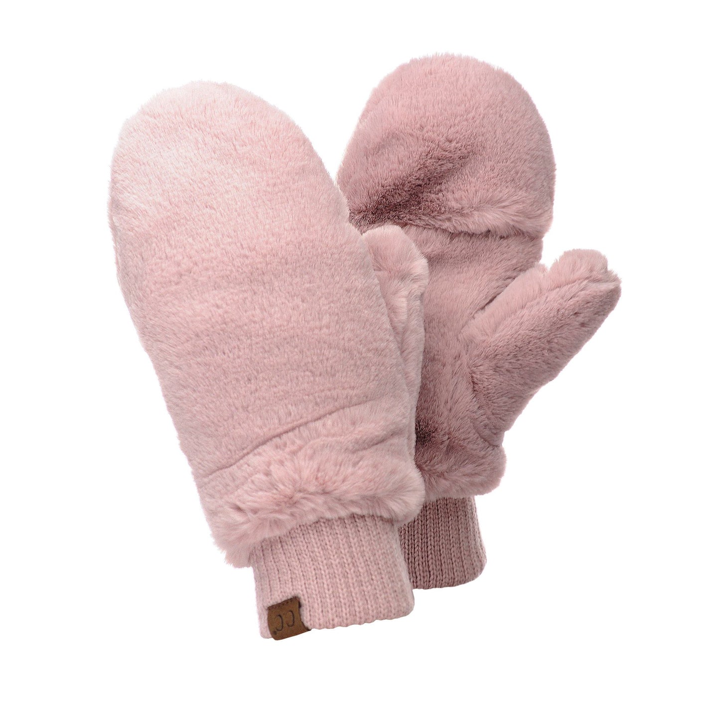 Pair of pink fuzzy convertible mittens with ribbed cuffs and a soft faux fur texture, displayed against a white background.