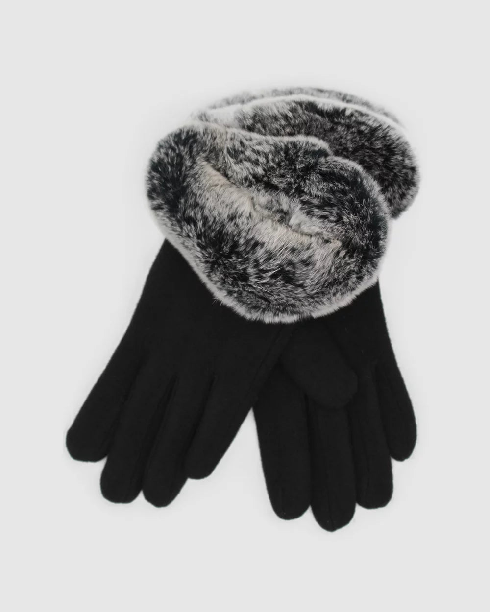 Pair of Morgan & Taylor Sally Gloves in black with plush grey faux fur cuffs, photographed on a white surface.