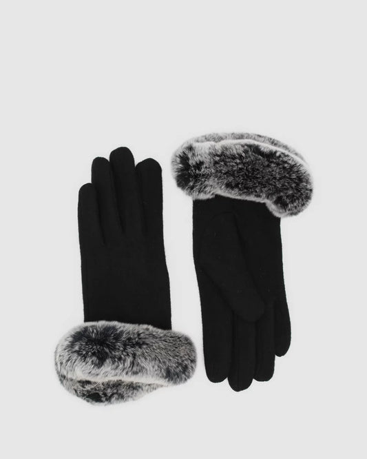 Pair of Morgan & Taylor Sally Gloves in black, featuring a luxurious faux fur cuff, displayed on a clean white background.