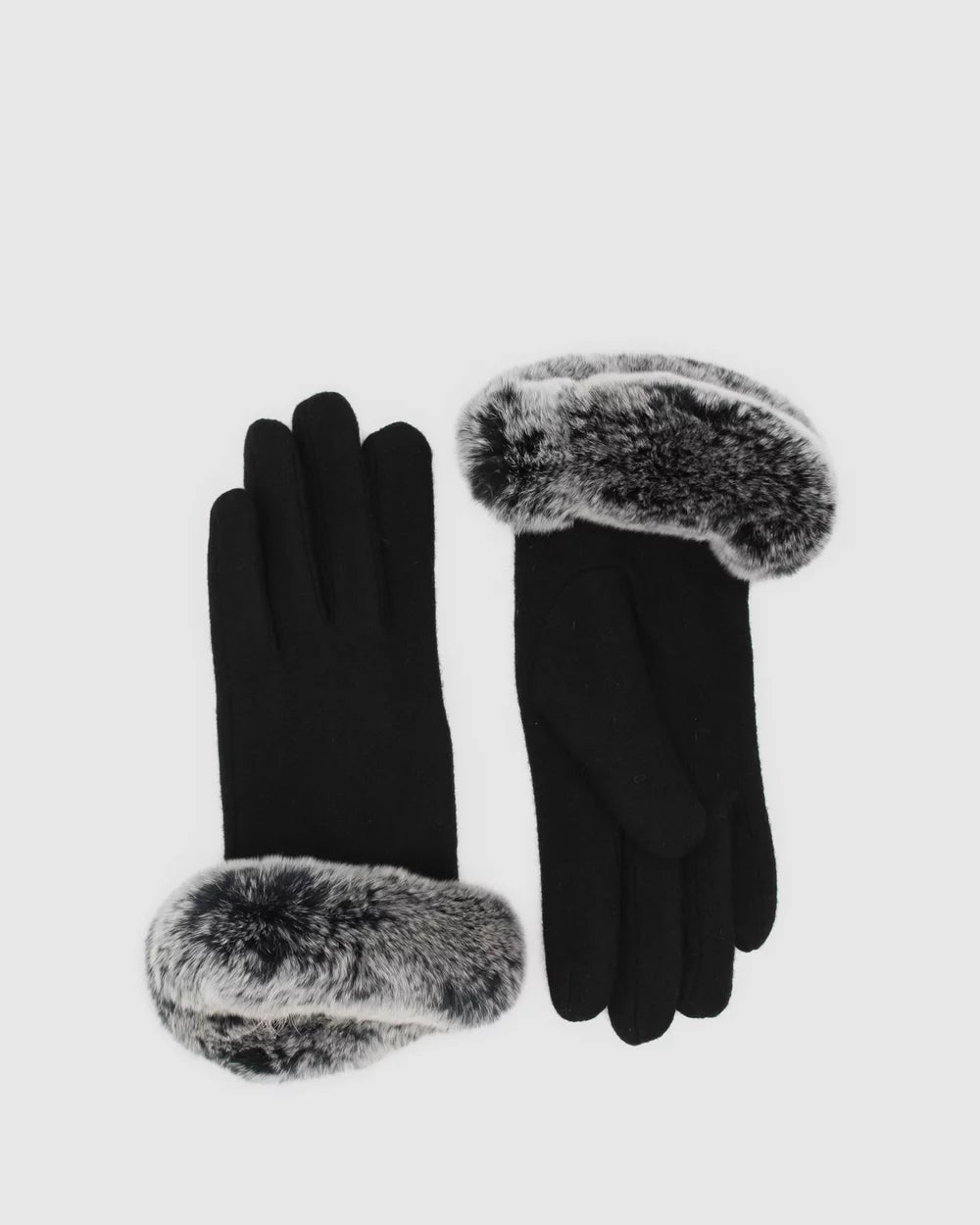 Pair of Morgan & Taylor Sally Gloves in black, featuring a luxurious faux fur cuff, displayed on a clean white background.